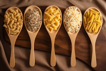 Different pasta types in wooden spoons on the table. Top view. italian food. macaroni. culinary concept. mediterranean typical pasta - Powered by Adobe