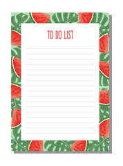 Planner, to do list with tropical leaves of monstera and watermelon slice.