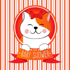 Baby shower with orange and white strips and little cat, kitten. Design for girl party.