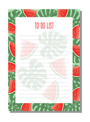Planner, to do list with tropical leaves of monstera and watermelon slice.