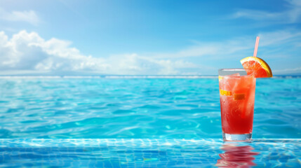 Obraz premium Refreshing summer drink on the edge of a bright blue swimming pool, clear day