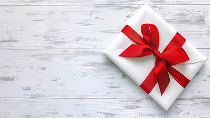 A white gift box with a red ribbon on top - Powered by Adobe