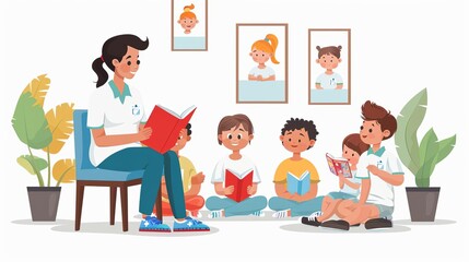 Children s storytelling hour in hospital in flat design, a volunteer reading books to a group of attentive kids