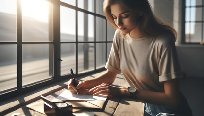 窓際の机で手紙を書く女性