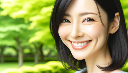Fototapeta premium 緑の公園で笑顔で微笑む日本人女性