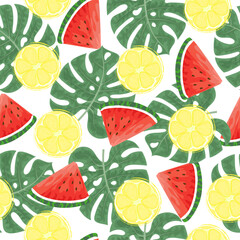 Seamless pattern with hand drawn  watermelon, lemon slace and tropical monstera leaves on white background.