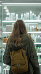 Obraz premium A blond woman with a backpack browses shelves in a pharmacy. Generative AI