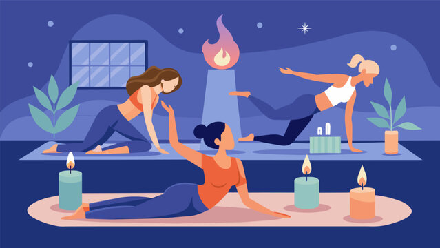 The calming scent of essential oils fills the air during a candlelit Pilates session adding to the relaxation and rejuvenation of the retreat.. Vector illustration