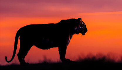 Silhouette of a tiger with dawn sky	
