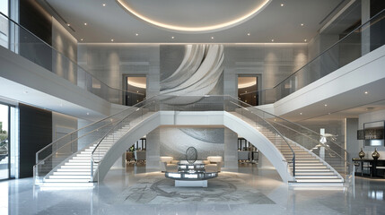 Grand foyer with a double staircase and a large contemporary art piece.