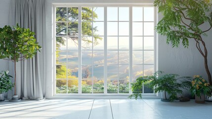 A large window in a room with a view of the mountains