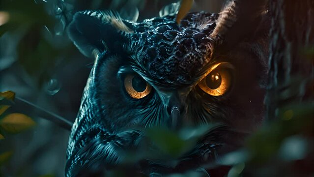 A mysterious owl camouflaged among the leaves, its intense orange eyes piercing through the foliage
