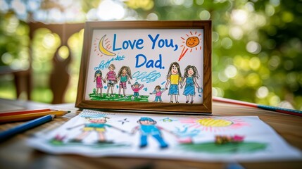 Child's drawing of a family with Love You Dad phrase in a frame on a table. Father's Day banner