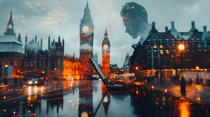 Fototapeta premium Double exposure of success businessman working in office with digital tablet laptop computer with London building and smart phone,filter effect.