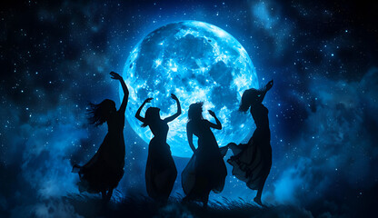 Silhouette a group of woman dancing with full  blue moon at night	
