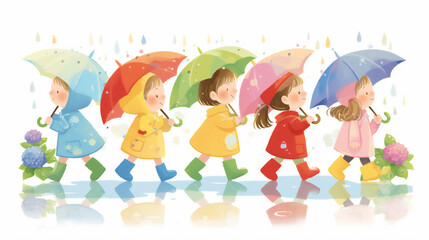 雨の日に並んで歩く子どもたちのカットイラスト