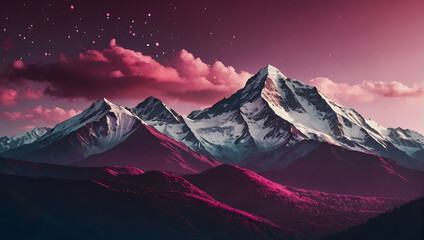 Magenta Mountain Landscape with Clouds