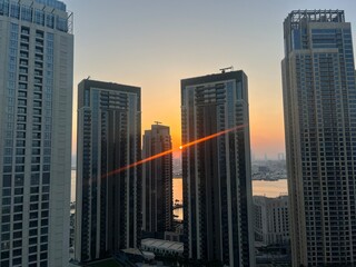Fototapeta premium Skyscrapers view at the sunset time