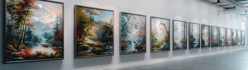 A row of paintings of landscapes with a river in the middle