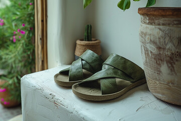 Moody olive green cross sandals set against a clean white background, infusing the display with earthy sophistication and natural beauty.