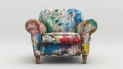 A chair covered in paint splatters and graffiti