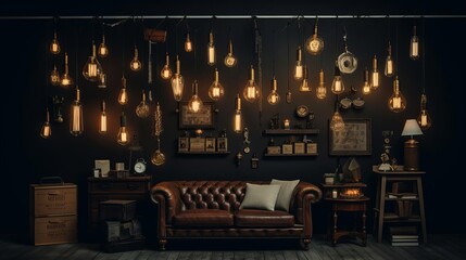 A dark room with a leather couch and a variety of steampunk accessories