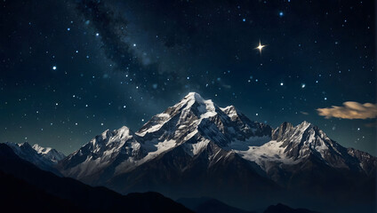 Majestic mountain peaks silhouetted against a star-studded night sky, with billowing clouds drifting gracefully overhead, painting a scene of serene beauty.