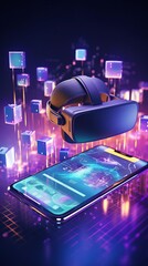 A virtual reality headset and a smartphone on a glowing purple background