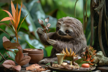 A stuffed sloth in a flowerpot holding a flower on a table. Generative AI