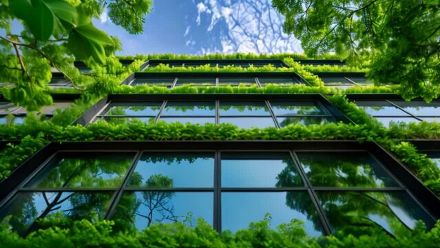 Building reflects nature and, sustainable glass building for reducing heat and carbon dioxide, Office building with a green environment, Eco-friendly building in the city