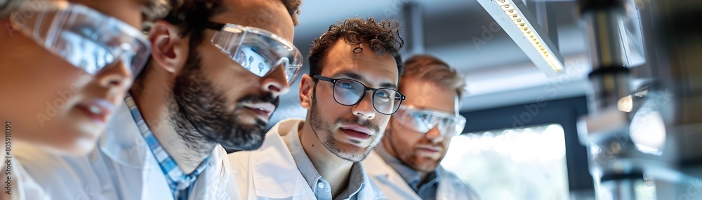 Poster a group of scientists collaborating and sharing research findings in a modern laboratory setting exp
