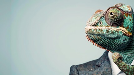 Anthropological chameleon wears a suit like a businessman. business idea