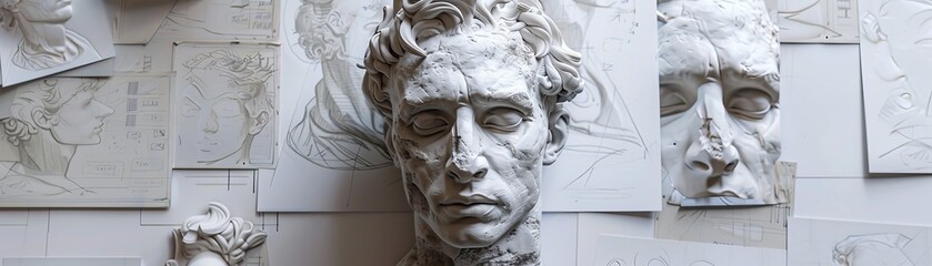 A white statue of a man's face is surrounded by drawings of other faces