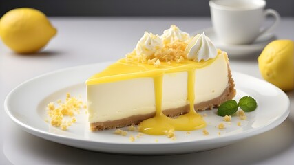  A slice of lemon cheesecake topped with tangy lemon curd and delicate lemon zest, served on a white dessert plate.
