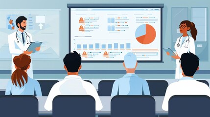 Medical conference in flat design, doctors attending a seminar with a digital presentation in a modern conference room