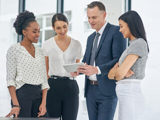 Business people, digital tablet and meeting in office for progress report, proposal or project...