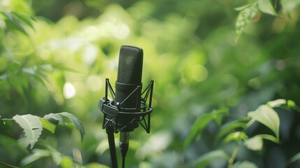 A sleek black microphone stands in a lush green forest