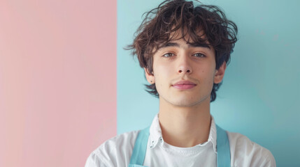 Portrait of a teenager male in random career dress on a soft pastel color backdrop background.
