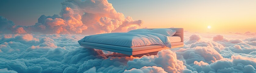 A bed is floating in the sky with clouds surrounding it