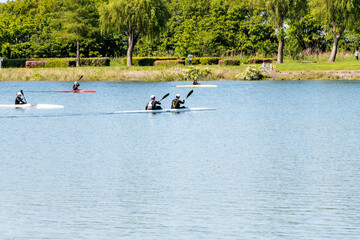 広い人工湖でカヌー競技をする人々