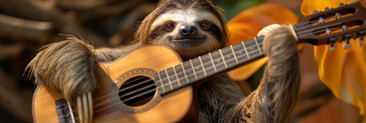 A sloth is performing a concert with a guitar in a tree. Generative AI