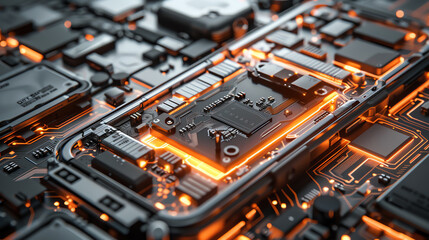 Fototapeta premium An up close circuit board with glowing orange highlights.