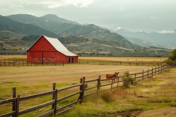 Red barn and cow in scenic mountain landscape
