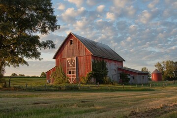Old red barn with silo in rural setting
