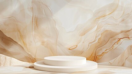 Abstract Marble Backdrop with White Platforms
Modern display featuring white cylindrical platforms set against a dynamic and flowing marble background with warm tones.
