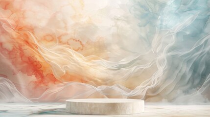 Ethereal Watercolor Background with Display Stand
A dreamlike display featuring a serene watercolor backdrop in shades of blue and orange, complemented by a minimalist white stand.
