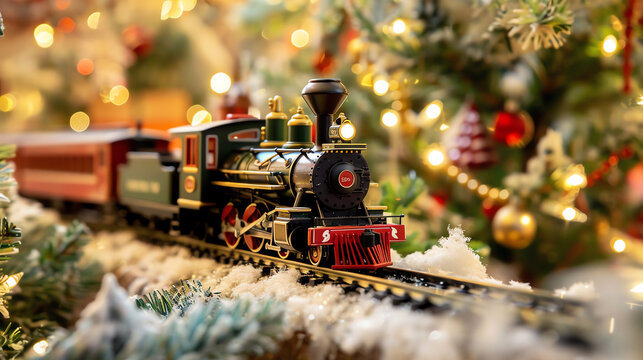 A beautiful model train set up with a snowy village and Christmas tree.