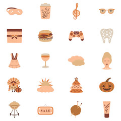 Vector daily life icons.  Daily routine, home, work, children, entertainment, sports, food and cooking, car, road, pets, shopping, clothes, cleaning, gardening, reading