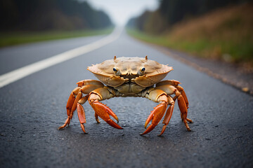 A crab is standing on the road