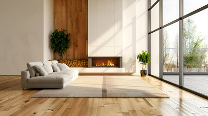 
Interior of modern living room with white walls A serene yoga studio with soft natural lighting.
